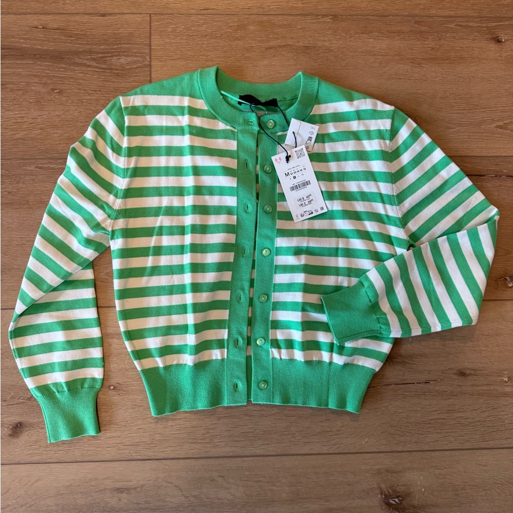 Zara Green and White Striped Cardigan